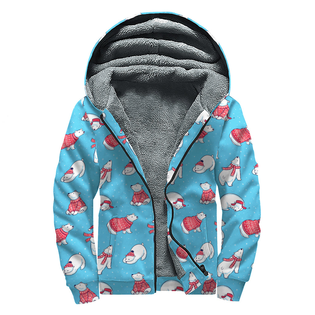 Xmas Polar Bear Pattern Print Sherpa Lined Zip Up Hoodie