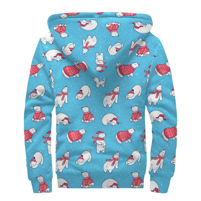 Xmas Polar Bear Pattern Print Sherpa Lined Zip Up Hoodie