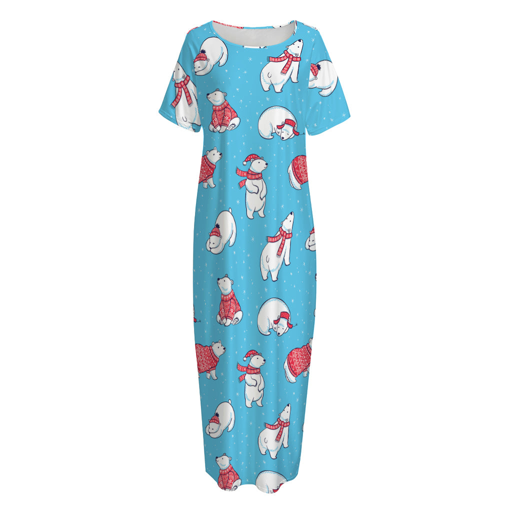 Xmas Polar Bear Pattern Print Short Sleeve Long Nightdress