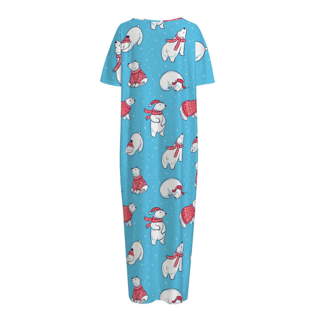 Xmas Polar Bear Pattern Print Short Sleeve Long Nightdress