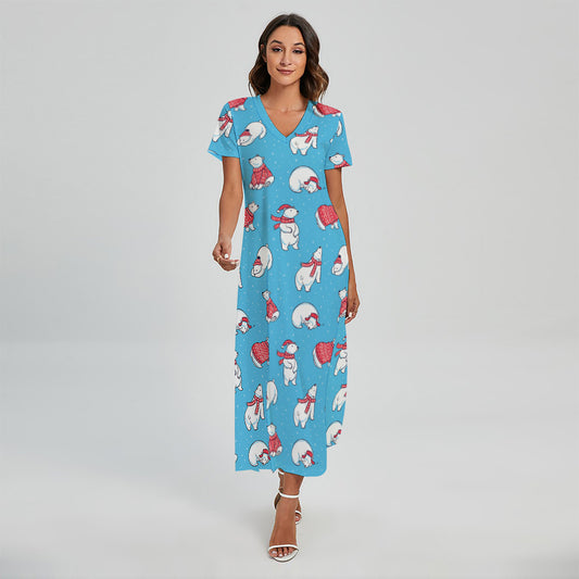 Xmas Polar Bear Pattern Print Short Sleeve Maxi Dress