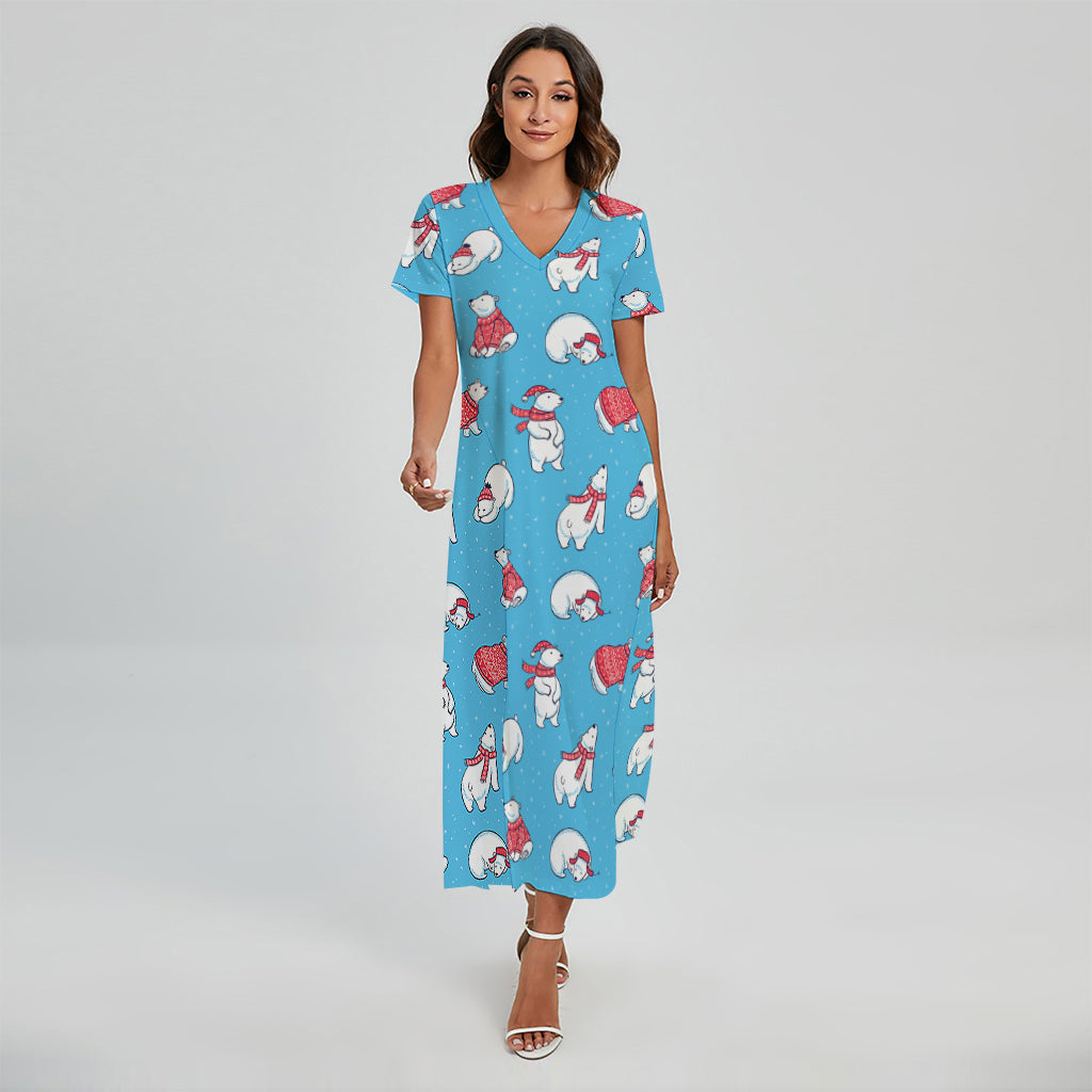 Xmas Polar Bear Pattern Print Short Sleeve Maxi Dress