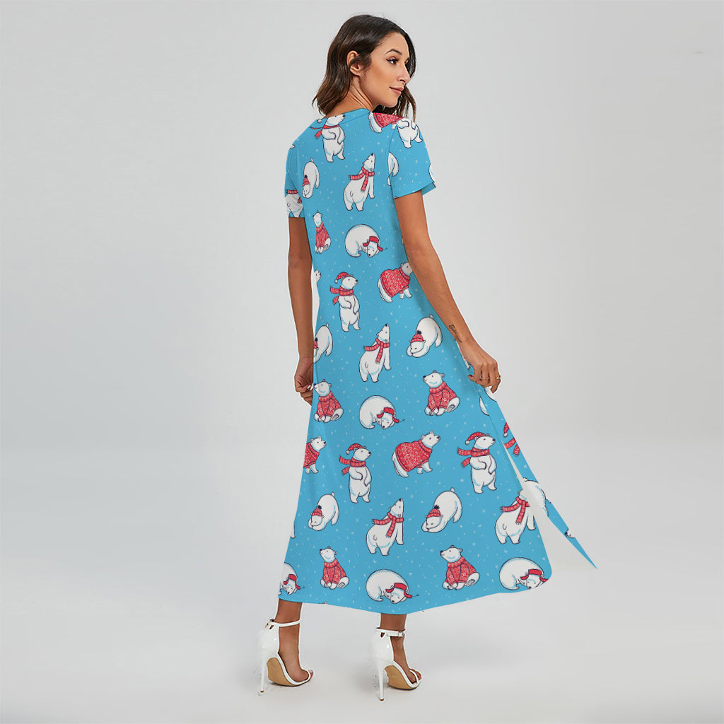 Xmas Polar Bear Pattern Print Short Sleeve Maxi Dress