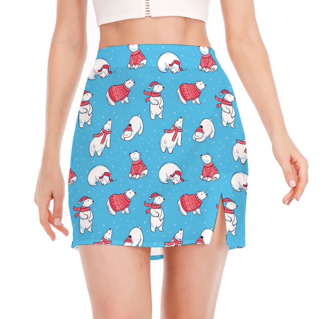 Xmas Polar Bear Pattern Print Side Slit Mini Skirt