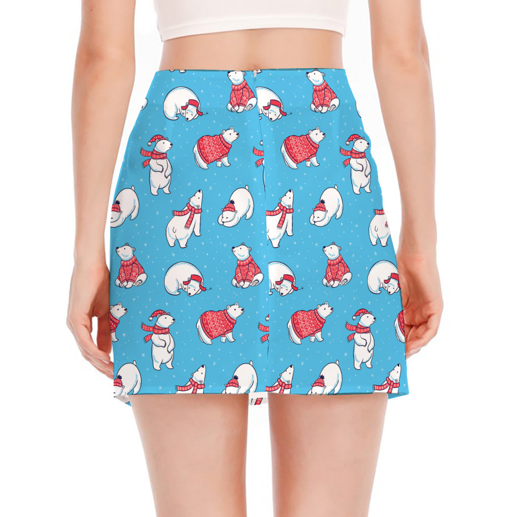 Xmas Polar Bear Pattern Print Side Slit Mini Skirt