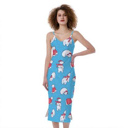 Xmas Polar Bear Pattern Print Slim Fit Midi Cami Dress