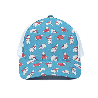 Xmas Polar Bear Pattern Print White Mesh Trucker Cap