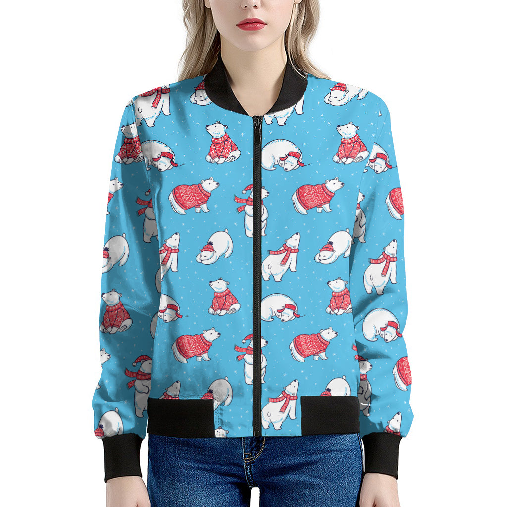 Xmas Polar Bear Pattern Print Women's Bomber Jacket