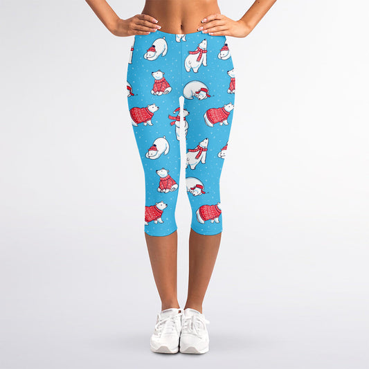 Xmas Polar Bear Pattern Print Women's Capri Leggings