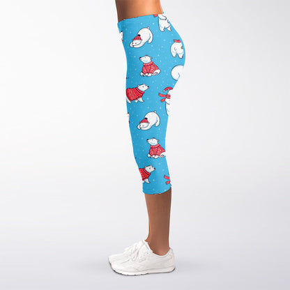 Xmas Polar Bear Pattern Print Women's Capri Leggings