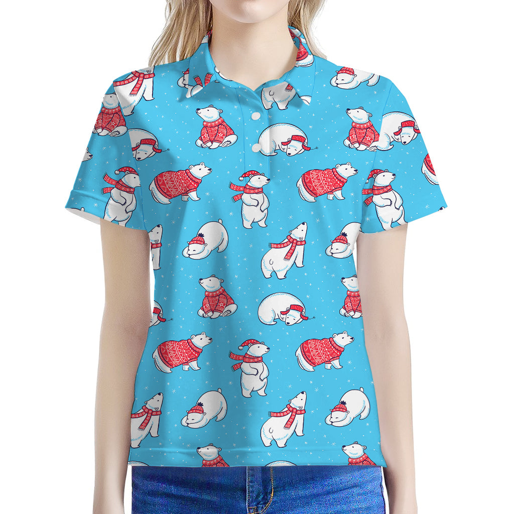 Xmas Polar Bear Pattern Print Women's Polo Shirt