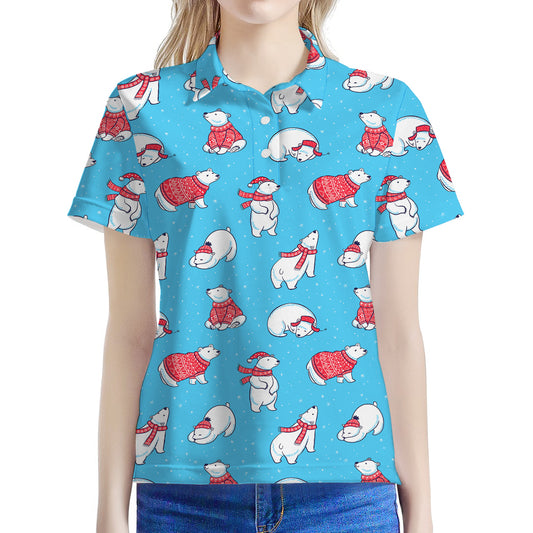 Xmas Polar Bear Pattern Print Women's Polo Shirt