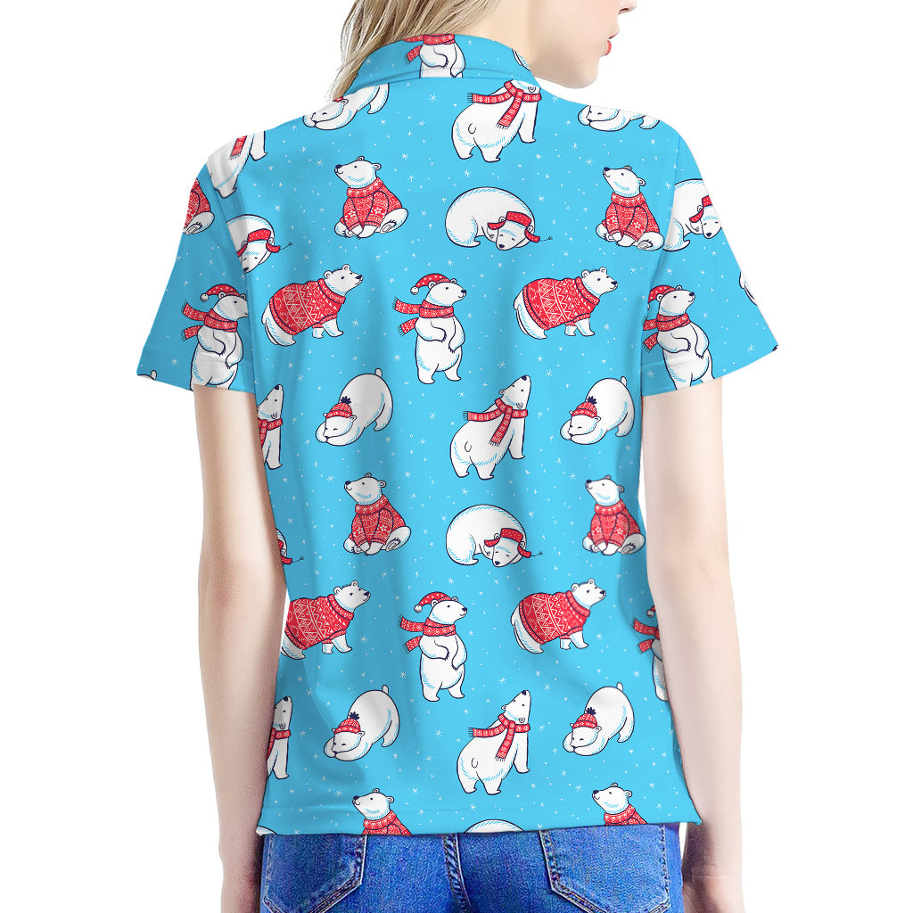 Xmas Polar Bear Pattern Print Women's Polo Shirt