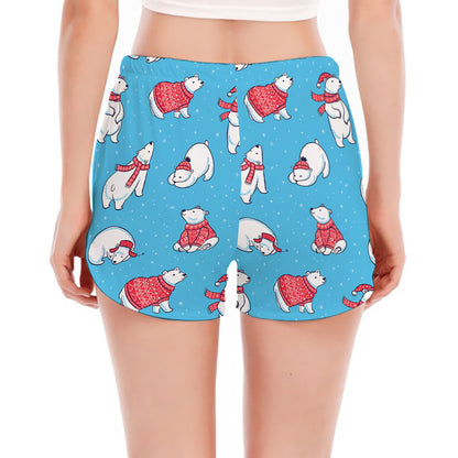Xmas Polar Bear Pattern Print Women's Split Running Shorts