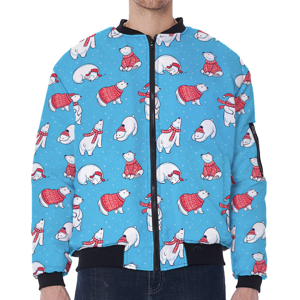Xmas Polar Bear Pattern Print Zip Sleeve Bomber Jacket