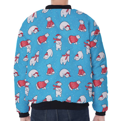 Xmas Polar Bear Pattern Print Zip Sleeve Bomber Jacket
