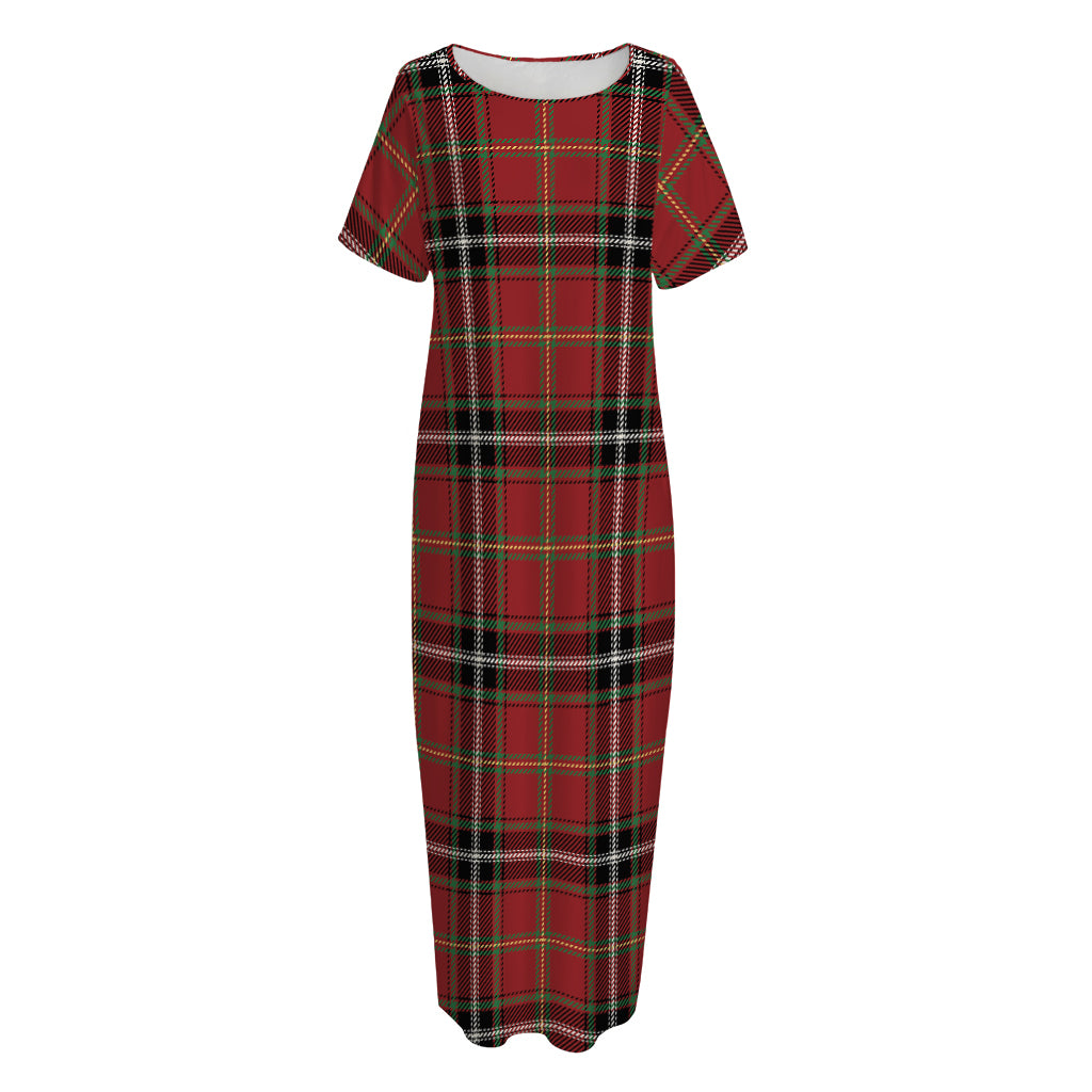 Xmas Scottish Tartan Pattern Print Short Sleeve Long Nightdress