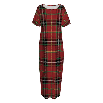 Xmas Scottish Tartan Pattern Print Short Sleeve Long Nightdress