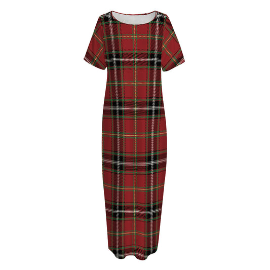 Xmas Scottish Tartan Pattern Print Short Sleeve Long Nightdress