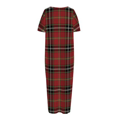 Xmas Scottish Tartan Pattern Print Short Sleeve Long Nightdress