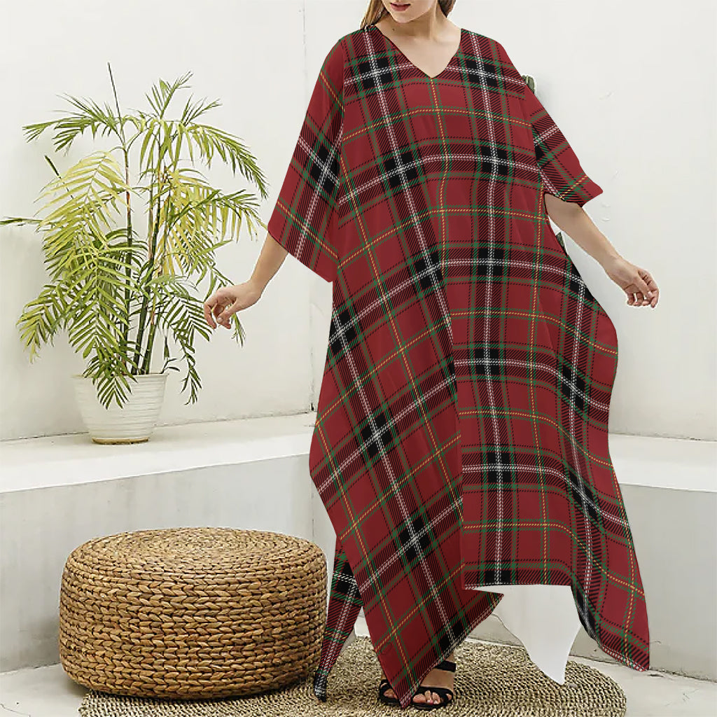 Xmas Scottish Tartan Pattern Print Silk V-Neck Kaftan Dress