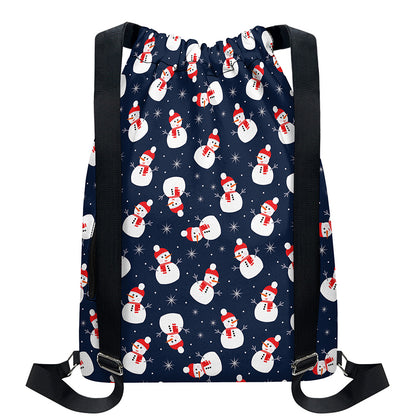 Xmas Snowman Pattern Print Drawstring Backpack