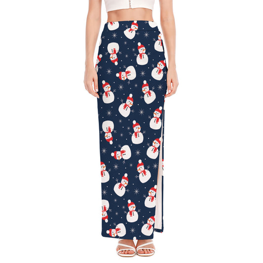 Xmas Snowman Pattern Print High Slit Maxi Skirt