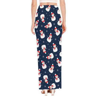 Xmas Snowman Pattern Print High Slit Maxi Skirt