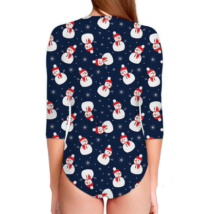 Xmas Snowman Pattern Print Long Sleeve Swimsuit