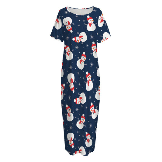 Xmas Snowman Pattern Print Short Sleeve Long Nightdress