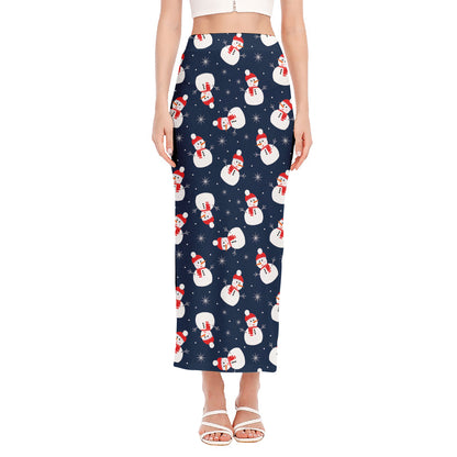 Xmas Snowman Pattern Print Side Slit Maxi Skirt