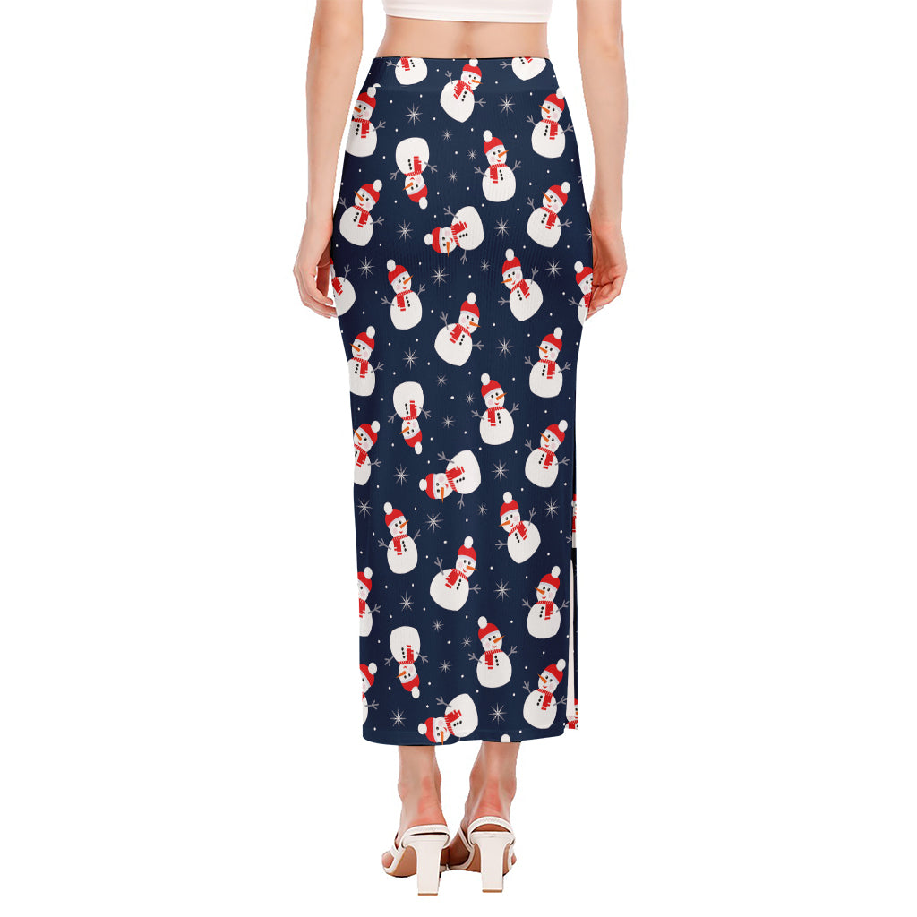 Xmas Snowman Pattern Print Side Slit Maxi Skirt