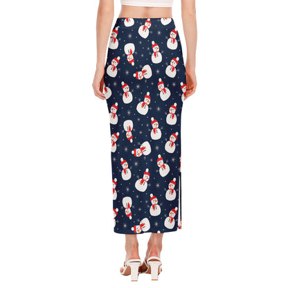 Xmas Snowman Pattern Print Side Slit Maxi Skirt