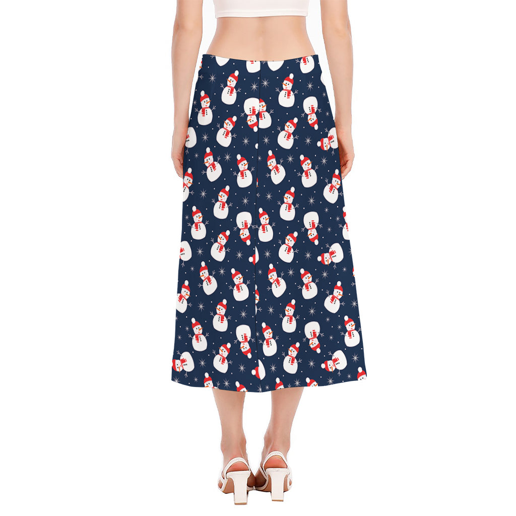 Xmas Snowman Pattern Print Side Slit Midi Skirt