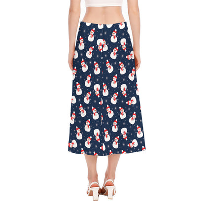 Xmas Snowman Pattern Print Side Slit Midi Skirt