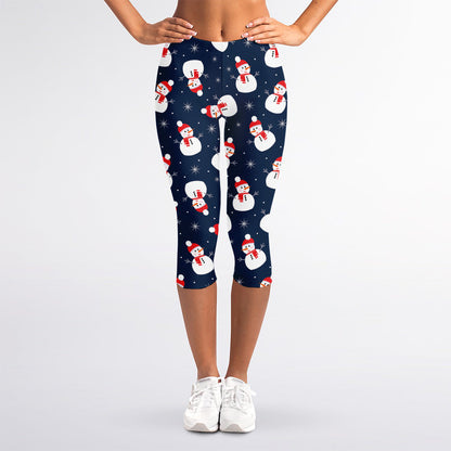 Xmas Snowman Pattern Print Women's Capri Leggings
