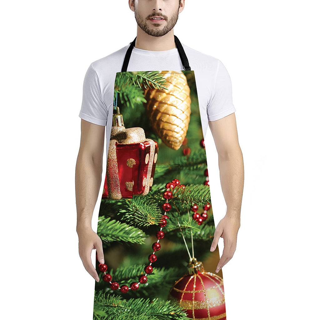 Xmas Tree Print Bib Apron With Pocket
