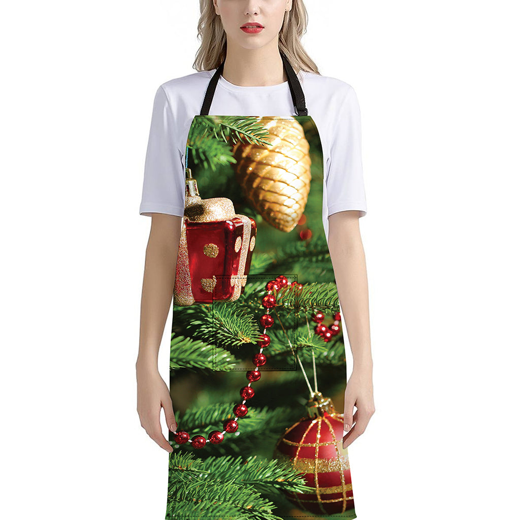 Xmas Tree Print Bib Apron With Pocket