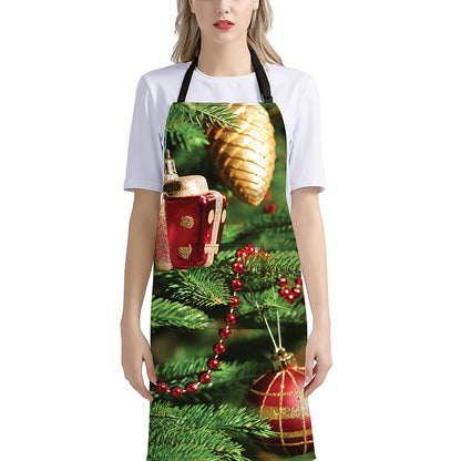 Xmas Tree Print Bib Apron With Pocket