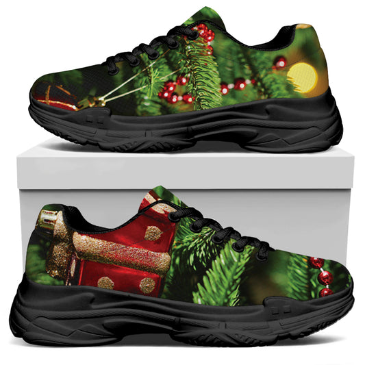 Xmas Tree Print Black Chunky Shoes