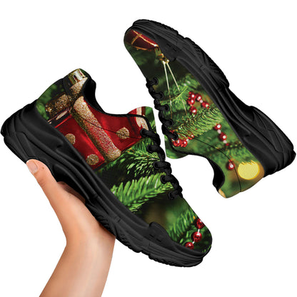 Xmas Tree Print Black Chunky Shoes