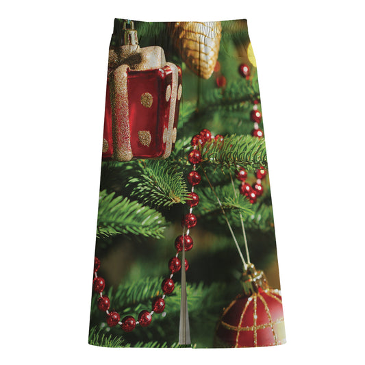 Xmas Tree Print Cotton Front Slit Maxi Skirt