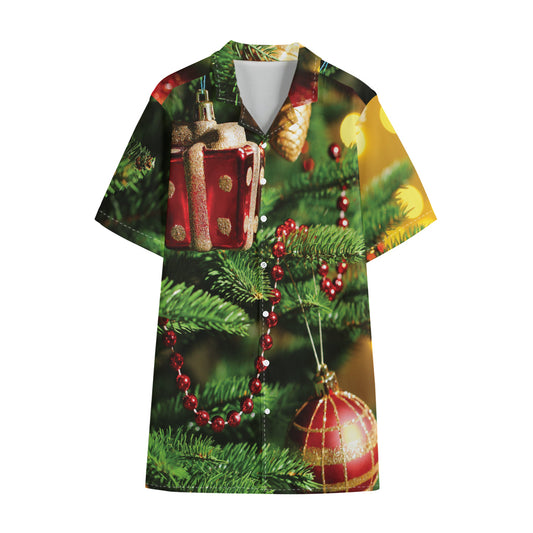 Xmas Tree Print Cotton Hawaiian Shirt