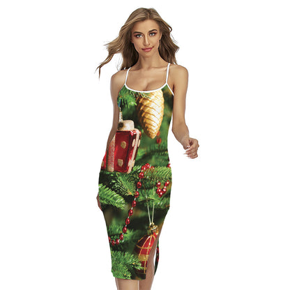 Xmas Tree Print Cross Back Cami Dress