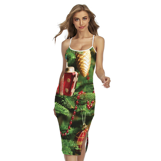 Xmas Tree Print Cross Back Cami Dress