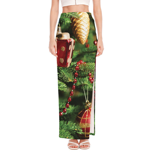 Xmas Tree Print High Slit Maxi Skirt
