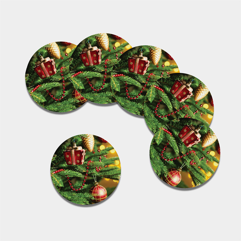 Xmas Tree Print Leather Coaster Set