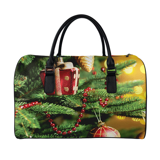 Xmas Tree Print Leather Duffle Bag