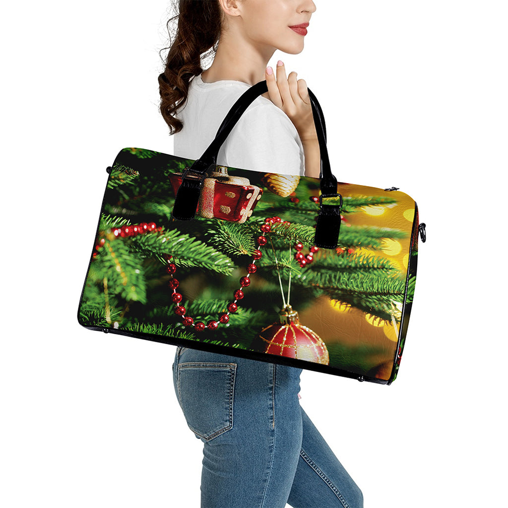 Xmas Tree Print Leather Duffle Bag