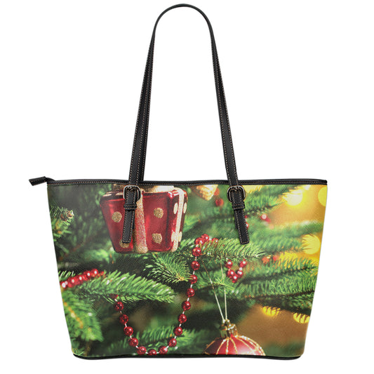 Xmas Tree Print Leather Tote Bag